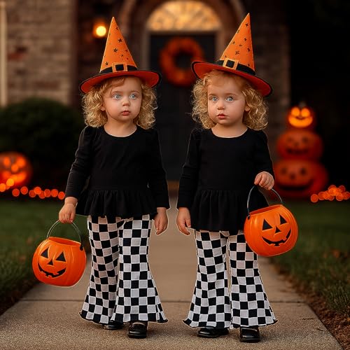 SOBOWO Checkered Baby Girl Flare Pants 3 Pack Toddler Bell Bottoms Plaid Ruffle Leggings Pants Fall Winter Outfits Size 6M-4T(18-24 Months, Black&White Plaid/Black/Black&Pink Plaid)