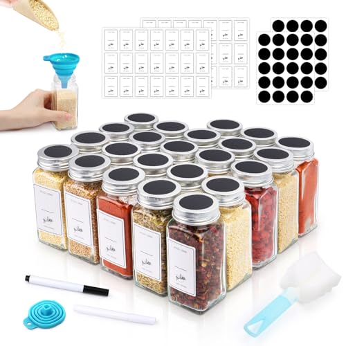MXTIMWAN Botes para Especias, 24 Piezas Botes Especias Cristal, 120ml Tarros Especia Cuadrados Frascos para Especia Pequeños Spice Jars con con Tamiz, Etiquetas, Embudo