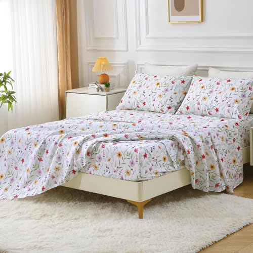Image of MUXHOMO Queen Size 4 Piece Sheet Set, Soft & Breathable Sheet for Bedroom with Deep Pocket Up to 16 inch, Wrinkle-Free & Cooling Bed Sheet with Flat Sheet, Fitted Sheet & Pillowcases - Romantic Flowers