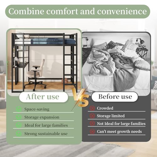 Image of Twin Metal Loft Bed with Desk and Shelves, Space-Saving Frame with Ladder and Full-Length Guardrails, Space-Saving Bed for Bedroom, Black (Mattress Not Included)