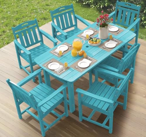 Image of Ciokea HDPE Outdoor Dining Set, 7-Piece Patio Table and Chairs Set with Umbrella Hole, All-Weather Patio Dining Sets for 6, Durable Patio Furniture for Backyard, Garden, Lawn & Poolside, Lake Blue