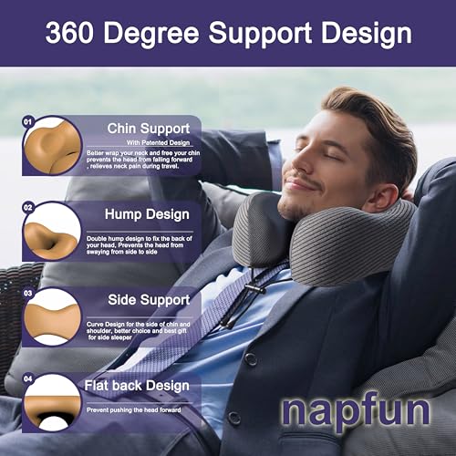 Image of napfun Neck Pillow for Traveling, Upgraded Travel Neck Pillow for Airplane 100% Pure Memory Foam Travel Pillow for Flight Headrest Sleep, Portable Plane Accessories, Dark Gray