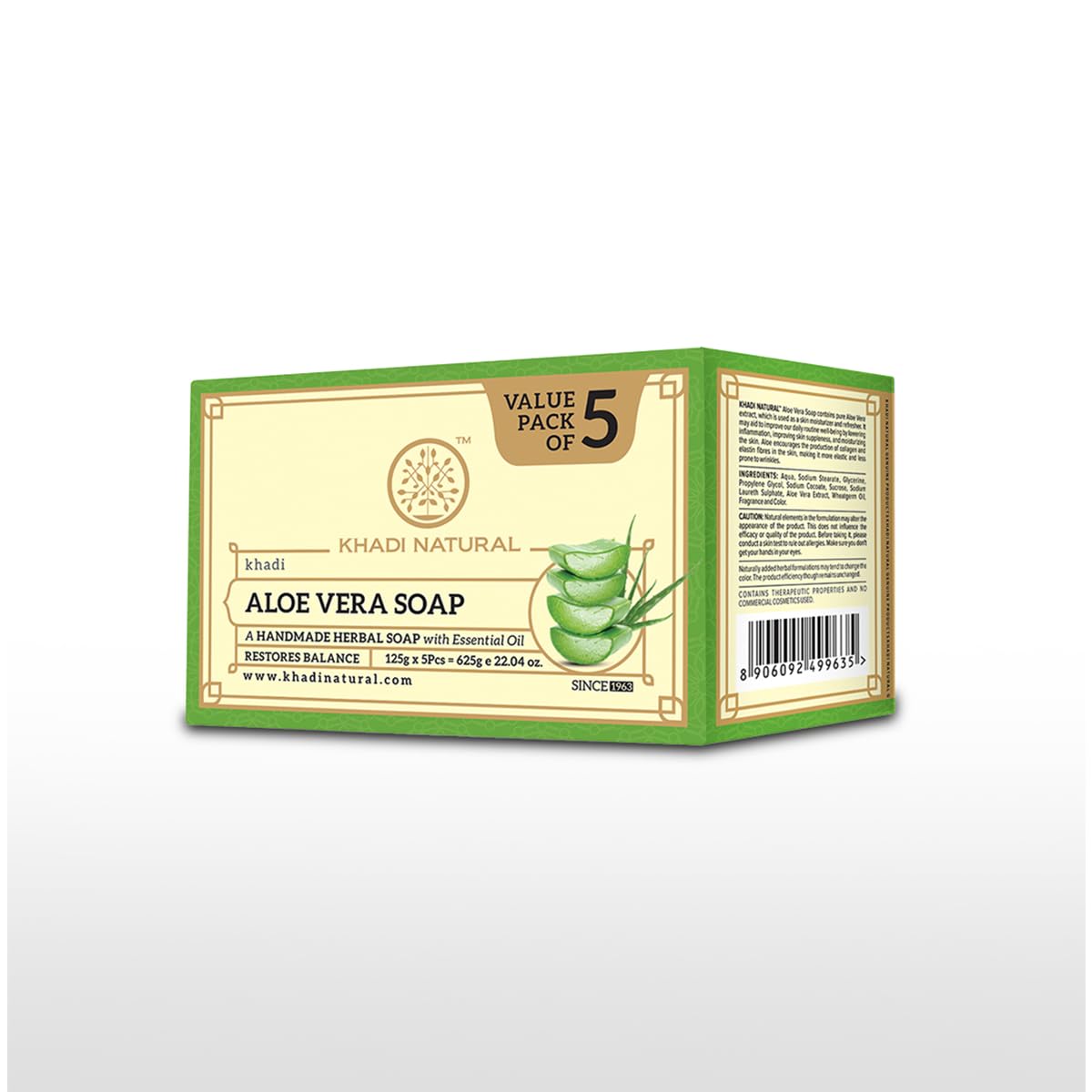Khadi Natural Aloe Vera Ayurvedic Soap | Soothes, Hydrates and Refreshes Skin | Infused with Herbal Moisture | Soft and Supple Feel | Value Pack 4+1 Free (5 x 125 g) (625 g) 4