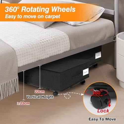 Underbed Storage, 50L Large Under bed Storage on Wheels, 2 Pack Foldable Underbed Storage Box with Lid & Zips, Under Bed Storage Drawer with Metal Bottom Support for Clothes, Duvets, Bedding, Shoes
