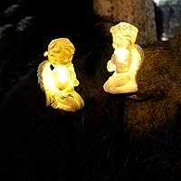 Vista 2 de Paquete de 2 estatuas solares de jardín de ángeles, figuras de ángel bebé con luz LED para decoración al aire libre, adornos conmemorativos