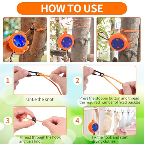 Flintronic 2 Pack Retractable Reel Clothesline, 10m Portable Tangle-Free Travel Clothesline, Adjustable Camping Clothesline with 10 Fixed Buckles & 20 Clothespins for Indoor Outdoor Travel - Orange - Image 5