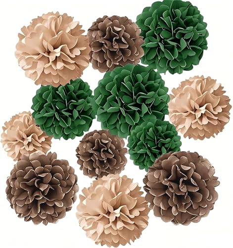 Image of Tissue Paper Pompoms Paper Flower 12 Pcs Green Brown Paper Flower Ball for Birthday Bachelorette Wedding Baby Shower Bridal Shower Party Decoration
