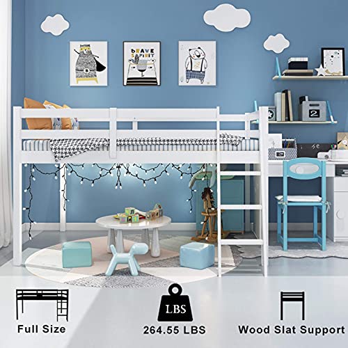 Bonnlo Low Loft Bed Full Size With Inclined Stairs, Junior Loft Bed With High Guard Rail For Kids/Young Teens/Adults, Solid Wood Low Bunk Bed Full Size White, 2 Center Beams, No Box Spring Required #TOP1