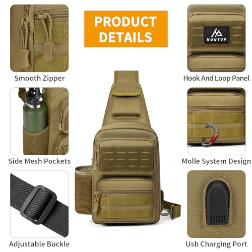 HUNTVP Taktische Brusttasche Herren Sling bag Militär Schultertasche Umhängetasche Tactical Chest Bag MOLLE Crossbody Bag für Alltag Reisen Wandern Camping (Braun)