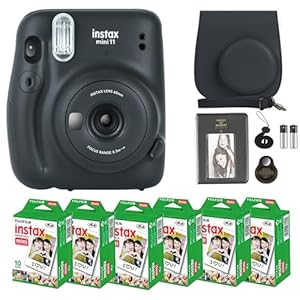 Fujifilm Instax Mini 11 Camera with Fujifilm Instant Mini Film (60 Sheets) Bundle with Deals Number One Accessories Including Carrying Case, Selfie Lens, Photo Album, Stickers (Charcoal Gray)