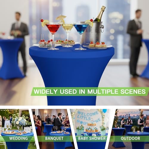 Image of Fixwal 4 Pack Spandex Cocktail Table Covers, 32x43 Inch Royal Blue Fitted Stretch Highboy Round Cover Table Cloth for Party, Bar, Pub, Wedding, Banquet