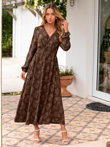 Image of Simplee Womens Boho Floral Long Sleeve Maxi Dress V Neck Empire Waist Fall Wedding Guest Dresses with Pockets