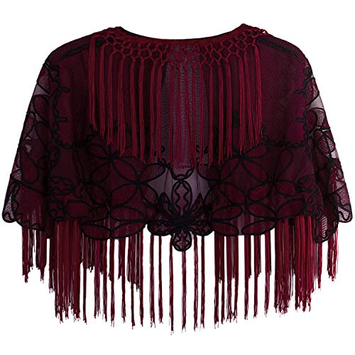 Vijiv Women's 1920s Black Shawl Art Deco Embroidered Fringe Evening Cape Bolero Flapper Cover Up2