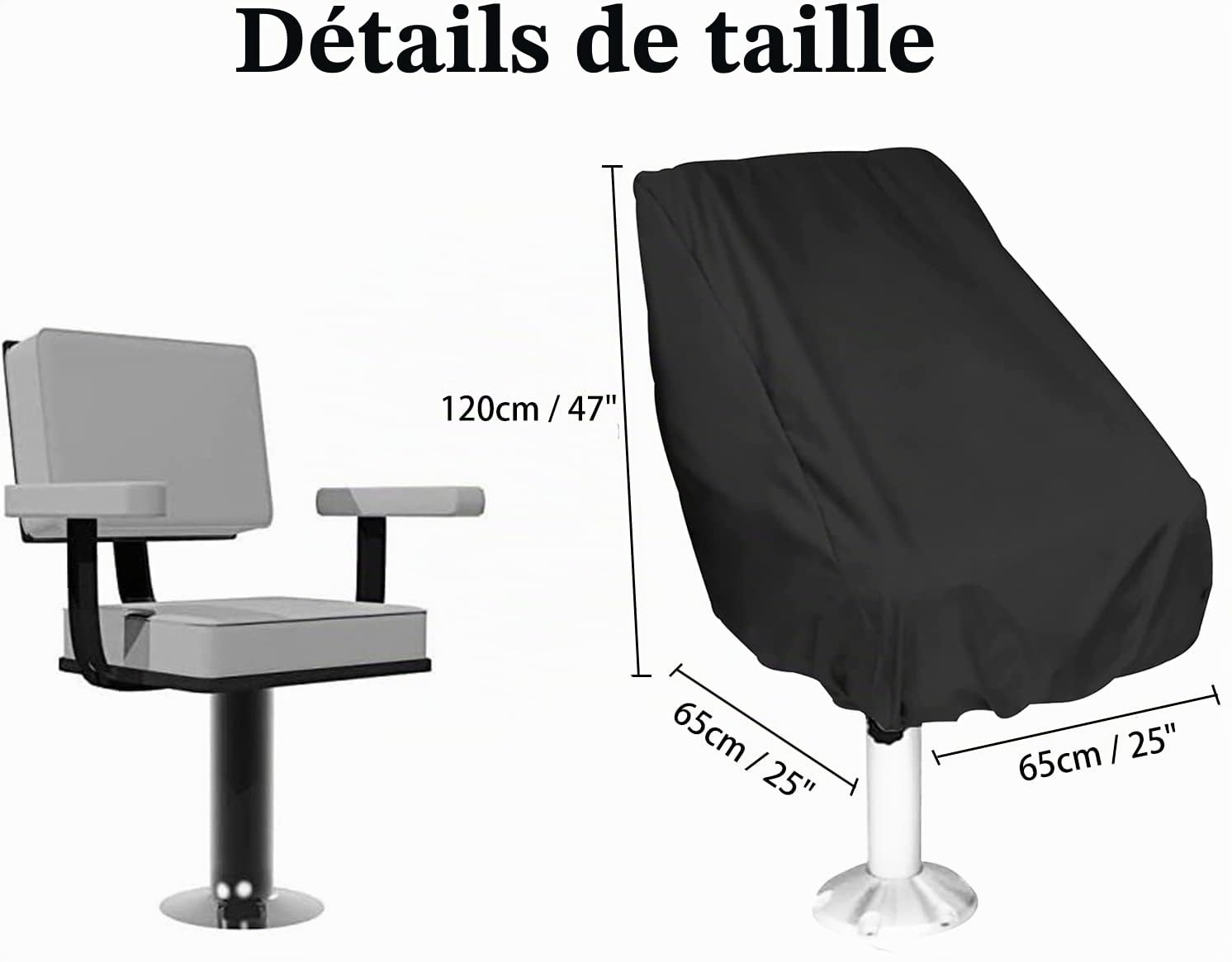 Lot de 2 housses de siège de bateau imperméables, robustes, résistantes aux intempéries, aux UV, en tissu Oxford 420D (noir, 65 x 65 x 120 cm)