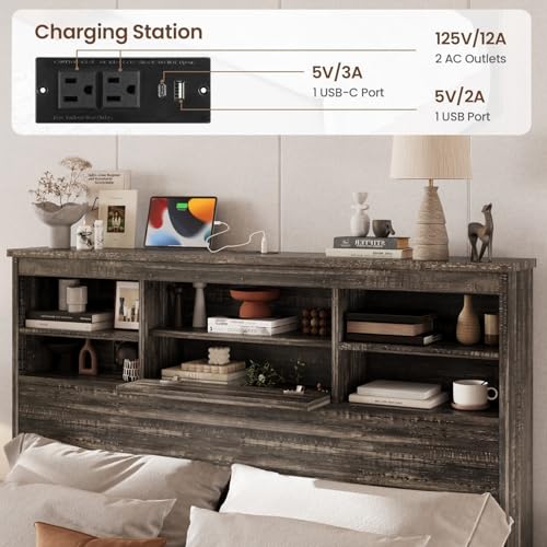 Image of Merax 4-Pcs Queen Size Bed Frame Dresser Night Stand Bedroom Set, Platform with USB Charging Ports Storage Headboard & 1 x 5 Drawers Cabinet & 2 x Nightstands, Wooden, Antique Grey
