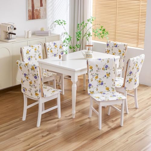 Image of HOMETHREADS Floral Quilted Cotton Chair Cover - Soft, Comfortable Dining Chair Seat Protector with Non-Slip Backing & Strong Elastic Strap for Snug Fit (Purple Beige, Pack of 6)