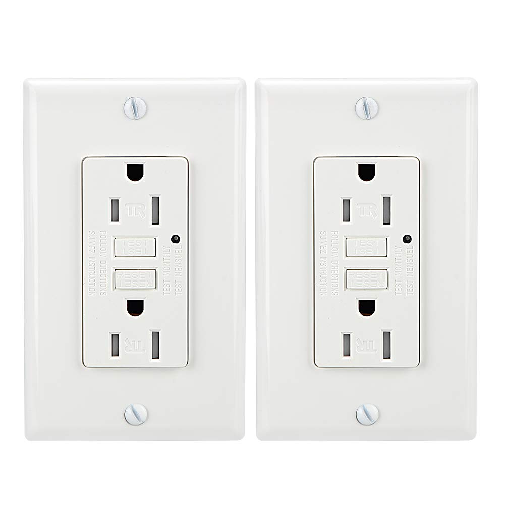 LEOD 15A 125V TR/Tamper-Resistant GFCI Outlet, One GFCI Socket with Two Types Wall Plates (Standard and screwless Included)+Green LED Indicator, White, ETL Listed (2 Pack)
