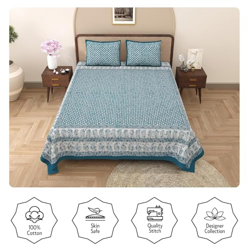 Image of Opulent Collection Double Bedsheet with 2 Pillow Cover | 100% Cotton Bedsheets for Double Bed | Handloom Bedsheet | Size 86x90 inches | King Size (90X102 Inches) (Dark Green Blue, King)