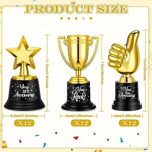 36 Pack Gold Trophy Award Bulk Star Thumbs up Trophy Awards for Kids Staff Employee Plastic Mini Golden Trophy Cups for Classroom School Sports Soccer Football Game Winning Prize Party, 3 Styles
