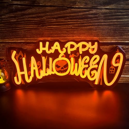 Halloween Neon Sign LED Happy Halloween Neon Light for Wall Decor USB Powered Acrylic Dimmable Pumpkin Light Up Sign for Halloween Decorations Window Home Bar Party Holiday Gifts