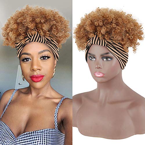 LEOSA Headband Wig for Black Women Wrap Wigs 2 in 1 Short Afro Wigs Updo Light Brown Synthetic Afro Wig Wraps with Turban Scarf Wigs with Black Mix Orange Turban Curly Hair Extensions (4-630#)