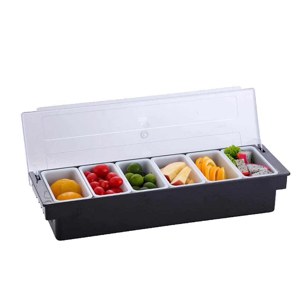 6 Compartment Condiment Dispenser, Nut candy Serving Tray, Bar Garnish Fruit Caddy, Kitchen Ingredients Holder, for Cocktail Cherries Olives Lemons Limes