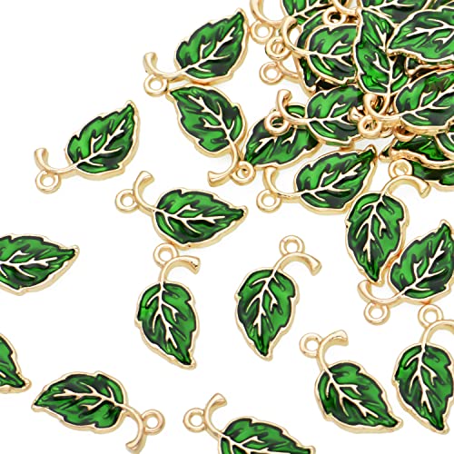 Image of Pack of 80 Green Leaves Enamel Charms Gold Plated Colored Pendants Hawaii Style Accessories for Necklace Bracelet Jewelry Making DIY Crafting