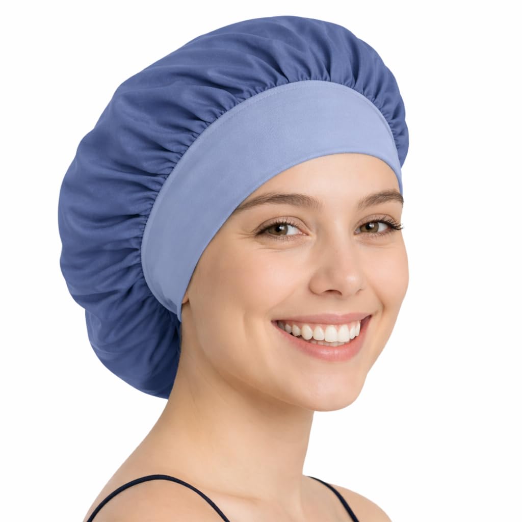 TORLAND® Bonnet Schlafhaube aus 100% natürlicher Tencel-Seide, atmungsaktiv, pflegeleicht | vegane Seidenhaube zum Schlafen, Haarhaube Schlafmütze (Blau - Groß)
