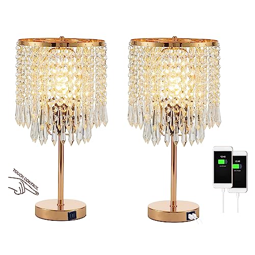 Lámparas de mesa de cristal doradas con 2 puertos USB