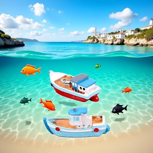 2 Pcs Colorful Miniature Dollhouse Boat Mini Fishing Boat Model Mediterranean Decor Resin Desktop Boat Ornament Ocean Beach Micro Landscape Decoration Dollhouse Accessories