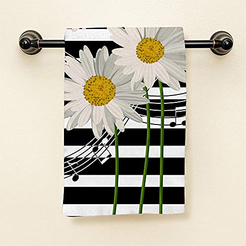 Hgod Designs Daisy Flower Hand Towels Music Note Swirl Spiral Daisy Flower On Black And White Stripe Soft Hand Towel For Bathroom Kitchen Yoga Gym Decorative Towels 15"X30" #TOP1
