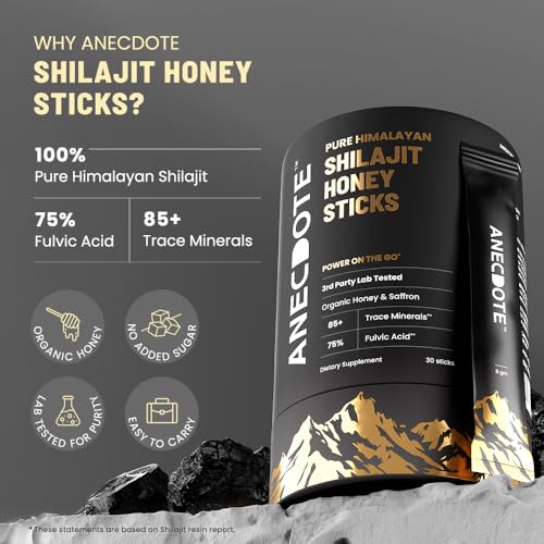Image of Anecdote Pure Himalayan Shilajit Honey Sticks with Organic Honey & Saffron | Boosts Stamina | Supports Immunity | 75% Fulvic Acid, 85+ Trace Minerals | No Added Sugar | 30 Sticks