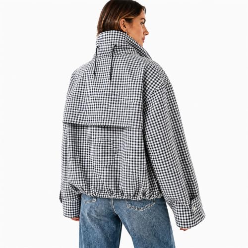 Womens Zip Up Jacket Gingham Striped Stand Collared Pullover Jacket - image 2