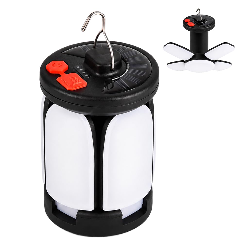 Camping Lights Rechargeable, Led Camping Lamp with 6 Light Modes, Foldable Tent Light USB & Solar Rechargeable with Foldable Hook for Camping Fishing Hiking Emergency