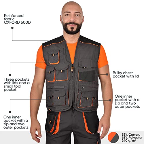 BWOLF Atlas Multifunktionale Arbeitsweste Herren Arbeitsweste Classic Grau/Orange (Grau, 4XL) – Bild 2