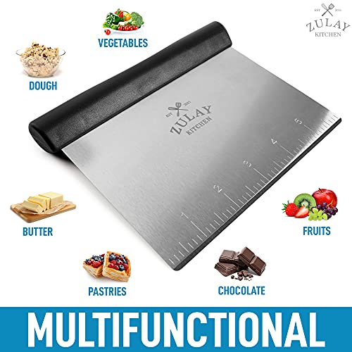 Premium Multi-Purpose Stainless Steel Bench Scraper & Chopper, Easy To Read Etched Markings For Perfect Cuts, Quick & Easy Multi-Use Dough Scraper, Dough Cutter & Pastry Scraper - By Zulay Kitchen #TOP4