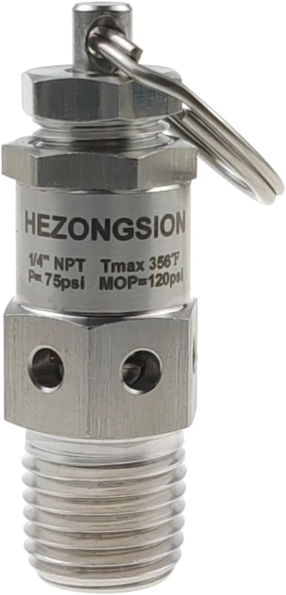 1/4" NPT Male Stainless Steel SS304 Mini Adjustable Relief Safety Valve With Lock, 75psi Set Pressure, 70-120psi Range