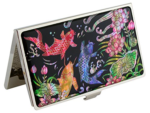 Antique Alive Mother of Pearl Metal Fish Lotus Design Business Credit Name Id Card Holder Case Stainless Steel Engraved Slim Purse Pocket Cash Money Wallet
