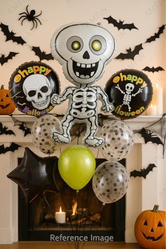 Image of AMFIN (Pack of 11) Halloween Skeleton Balloon Decoration Party Kit with Skeleton Foil Balloon, Happy Halloween Balloons, Green Chrome Balloons, and Black Confetti Balloons - Spooky Party Supplies