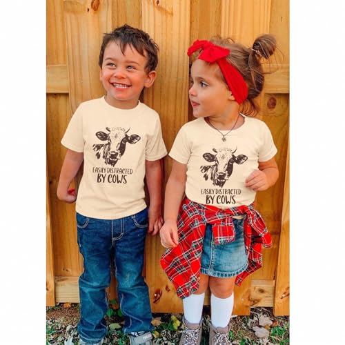 Toddler Baby Boy Girl Farm Shirt Easily Distracted by Cows Animals Graphic T-Shirt Kid Funny Letter Summer Tee Tops4