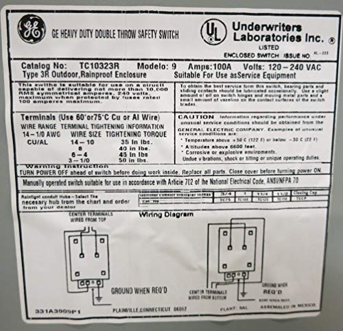 Ge Energy Industrial Solutions Tc10323R Ge Outdoor Double Pole Double Throw Safety Switch, 100-Amp #TOP1