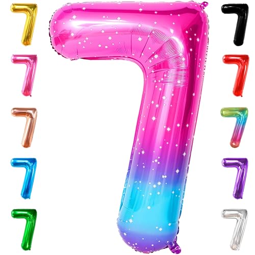 Image of Katchon, 40 Inch Rainbow Number 7 Balloon For 7th Birthday Decorations | 7 Balloon For Unicorn Birthday Decorations, Helium Supported Gradient Blue Pink Number Balloons For Rainbow Birthday Decor