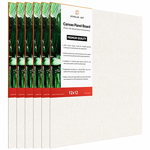 Image of Scholar Art Hobby Series 04 Oz (230 GSM) 100% Cotton Canvas Panel Board for Painting (White Blank Canvas Boards for Acrylic Paint, Oil Paint, Wet & Dry Media) | 12 inchx12 inch (30x30 cm), Pack of 6
