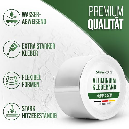 ART COLOR Aluminium Klebeband 75mm x 50m – Hitzebeständiges Alu Klebeband für Abdichtung & Reparaturen, wasser- und dampfdicht