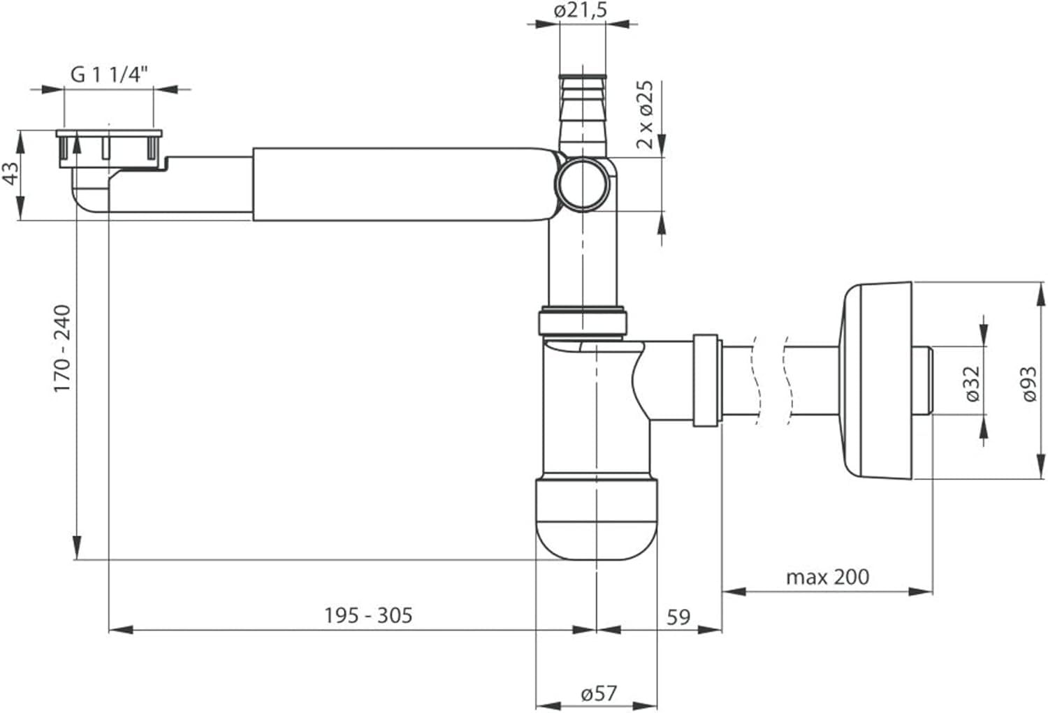 Ablaufgarnitur für Waschbecken mit und ohne Überlauf + Teleskop Siphon für platzsparendes Waschbecken | Click-Clack Ventil mit extra großem 68 mm Durchmesser | Pop Up Ablaufventil | Schwarz+Siphon