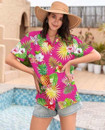 Image of SANGTREE Girls & Women's Hawaiian Shirts Button Down Short Sleeve Floral Tropical Shirt Beach Vacation Blouse Tops
