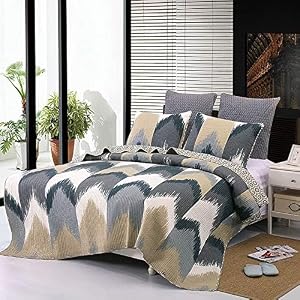YAYIDAY Bedspread Quilt Set King Size - Peach Skin Fabric - Breathable Coverlet with Pillow Shams, Geometric Pattern Modern Grey Taupe White Black Chevron YAYIDAY Bedspread Quilt Set King Size Peach Skin Fabric Breathable Coverlet with Pillow Shams Geometric Pattern Modern Grey Taupe White Black Chevron