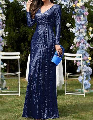 Image of Long Sleeve Sequin Dress For Women Formal Gowns Sparkly V Neck Maxi Dress