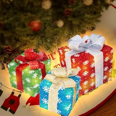 Set of 3 Christmas Lighted Gift Boxes, 60 LED Lights Up Decoration with Plug, Christmas Tree Skirt Ornament, Three Colors Present Boxes for X-MAS Holiday Party