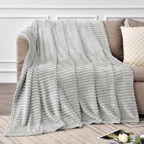 Image of BEDELITE Fleece Throw Blanket for Couch - 3D Ribbed Jacquard Soft and Warm Decorative Fuzzy Blanket - Cozy, Fluffy, Plush Lightweight Light Grey Throw Blankets for Bed, Sofa, 50x60 inches